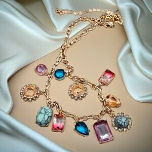 Boutique Gold Tone Rhinestone Charm Necklace Statement Fashion Jewelry 22 in